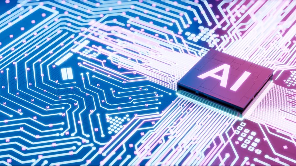 A close-up view of a circuit board with AI chip, symbolizing accelerated materials characterization using AI tools.