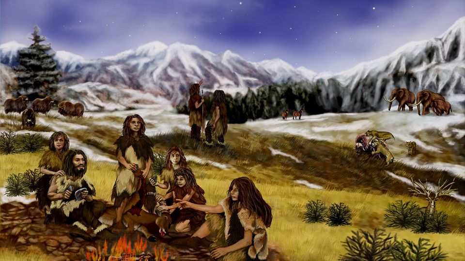 Illustration of Neanderthals gathered around a fire in an Ice Age landscape with mammoths nearby.