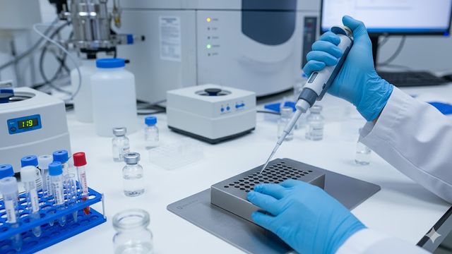 Hands of a scientist pipetting a sample into a mass spectrometer tray, illustrating precision in proteomics experiments. 