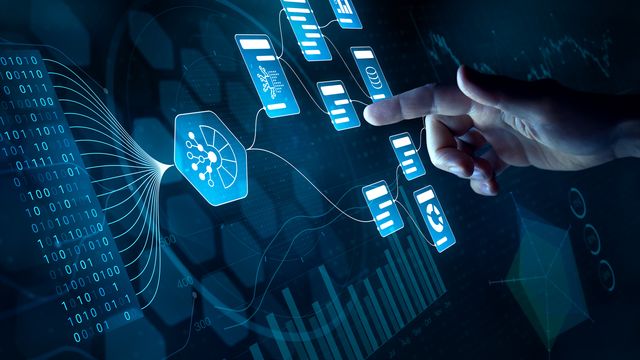Hand interacting with a digital interface displaying AI icons, data charts and neural network graphics. 