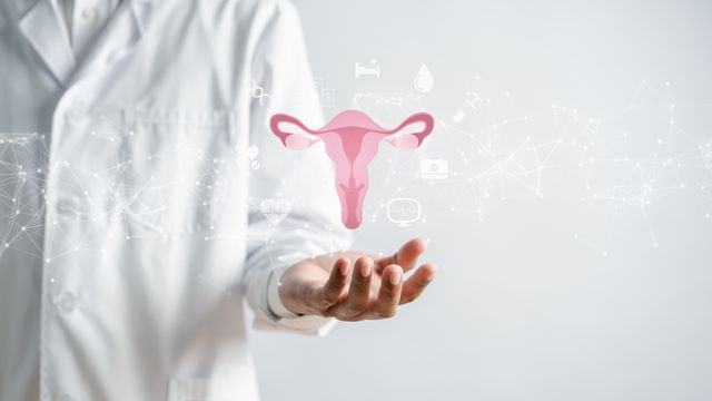Doctor presenting a digital uterus graphic symbolizing endometriosis and reproductive health. 