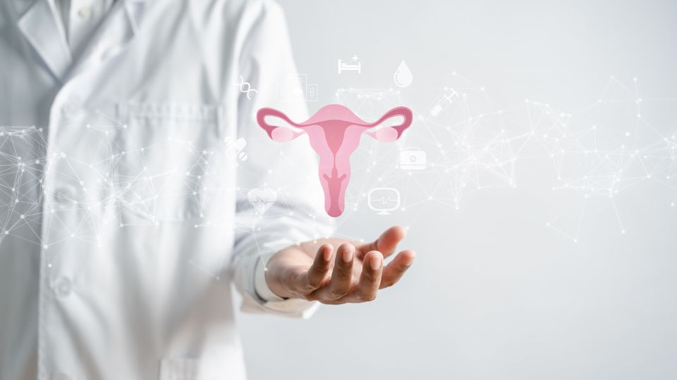 Doctor presenting a digital uterus graphic symbolizing endometriosis and reproductive health.