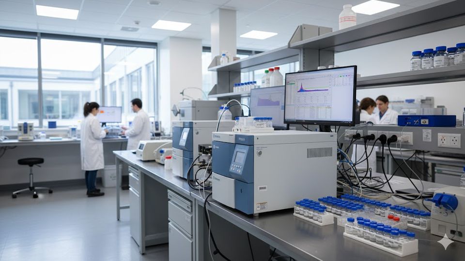 Advanced proteomics lab with LC-MS/MS instrument, showcasing high-throughput protein analysis and scientific research technology.