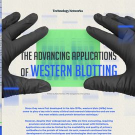 Gloved hands framing a western blot image on an infographic. Text reads: The Advancing Applications of Western Blotting 