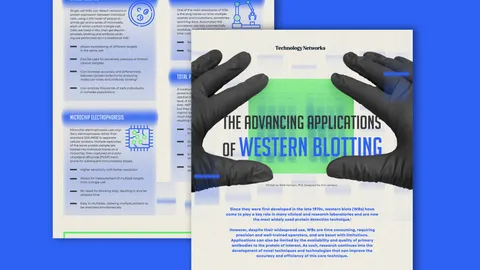 Gloved hands framing a western blot image on an infographic. Text reads: The Advancing Applications of Western Blotting
