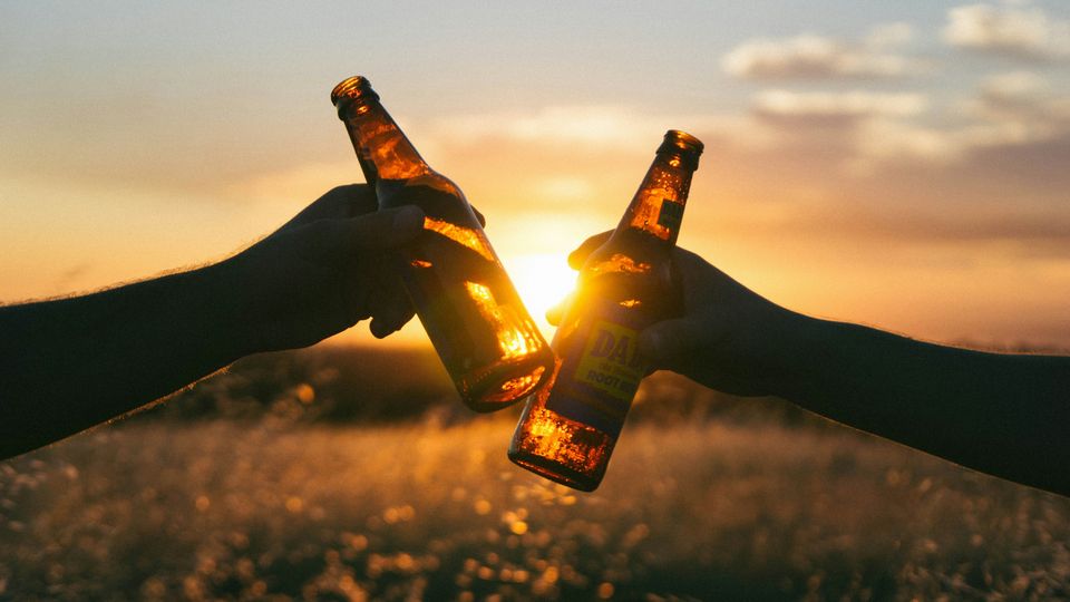 Two people clinking beer bottles, in front of a sunset-lit field.