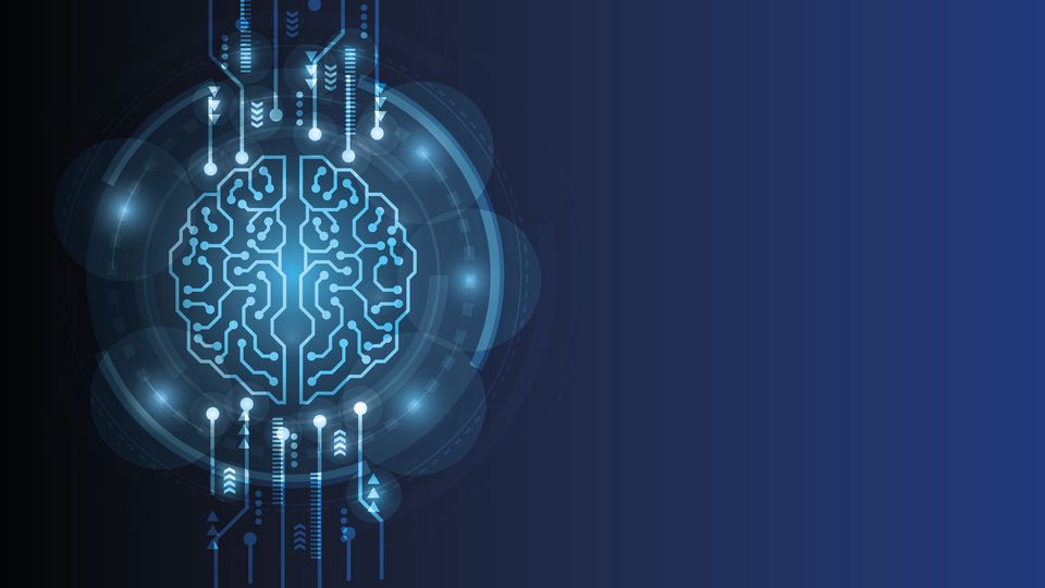 Illustration of a brain with circuits representing AI technology.