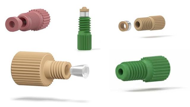 Assorted miniature flat-bottom port fittings designed for precision use in microfluidic systems. 