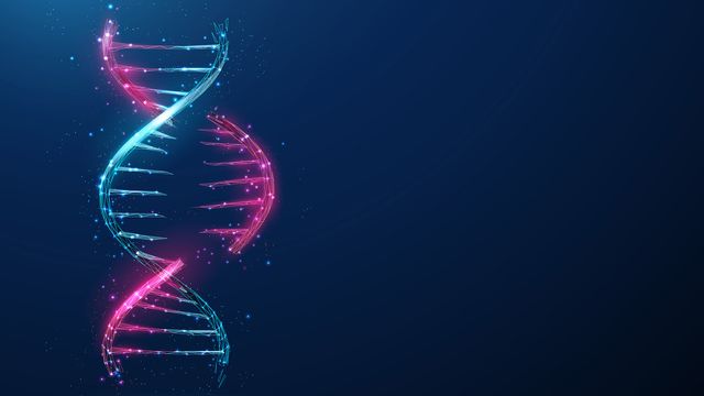 Digital illustration of a DNA double helix representing genomic data in single cell analysis. 