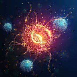 Glowing cancer cell with DNA strand at the center, symbolizing research in cancer epigenetics. 