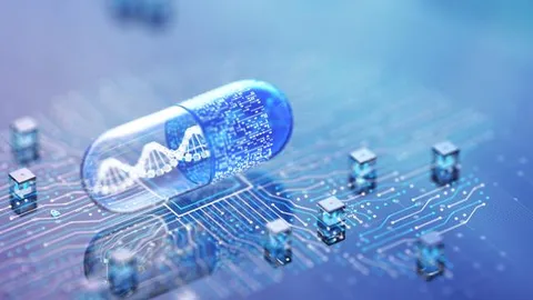 Abstract AI medical technology concept illustrating protein biomarker analysis for early drug discovery.