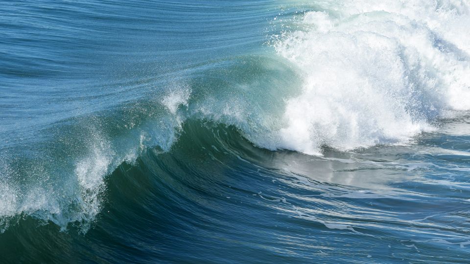 The crest of an ocean wave beginning to crash.