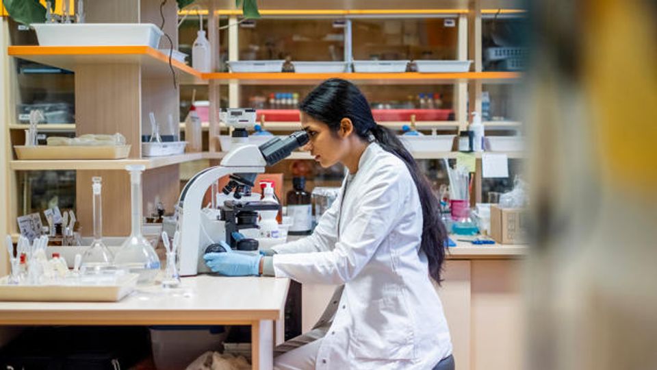 Close-up of a young South Asian female scientist in a white lab coat performing microscopic analysis in a modern laboratory with organized equipment and supplies.