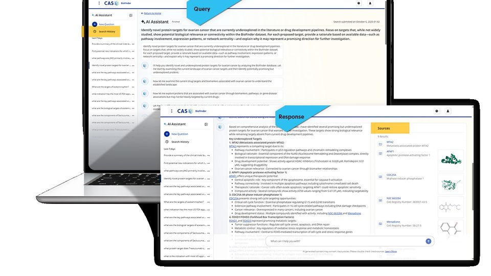 AI assistant interface displaying a scientific query and curated response about ovarian cancer.