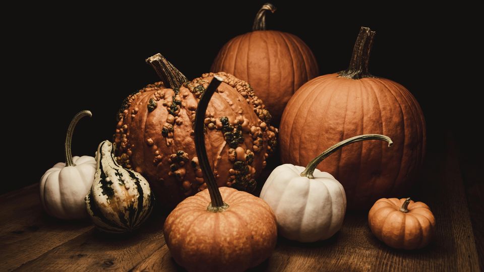 A spooky-looking mixture of orange and white pumpkins sat on a wooden surface, against a shadowy black background.