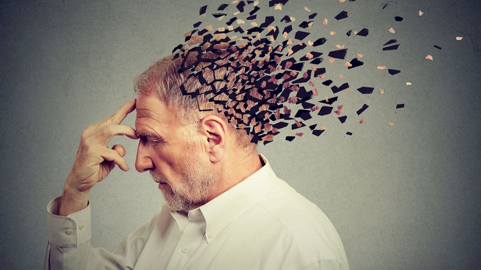 Conceptual image of an elderly man losing memory, symbolizing accelerated aging in the hippocampus.
