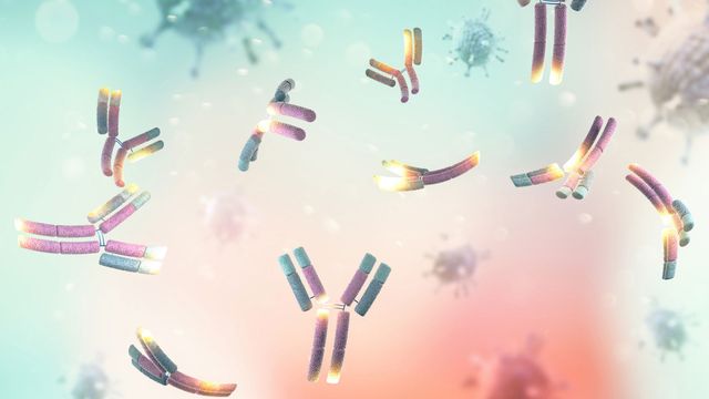 Illustration of antibodies "floating" with viruses in backgroun. 