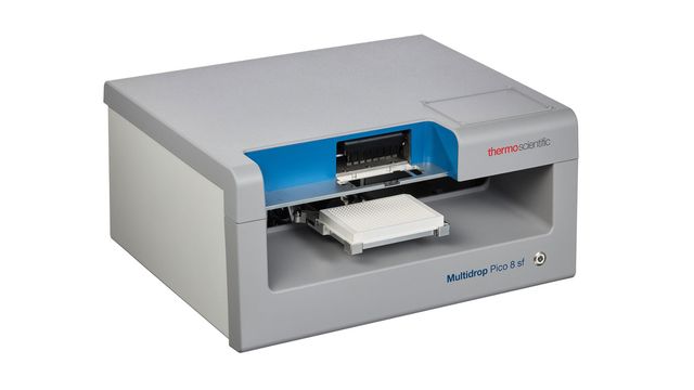 Automated reagent dispenser (Thermo Scientific Multidrop Pico 8 sf) with a microplate on the tray 