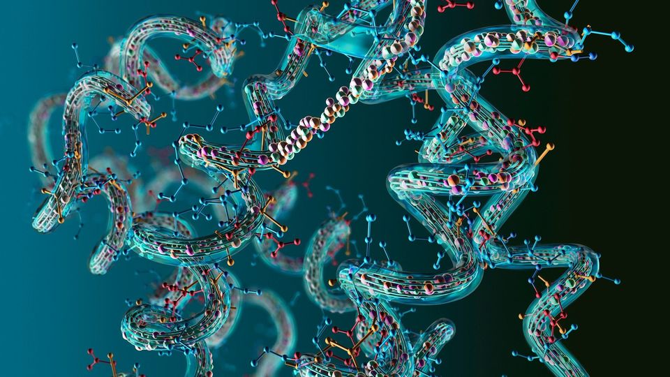 3D visualization of complex protein structures, representing proteomics and molecular analysis.