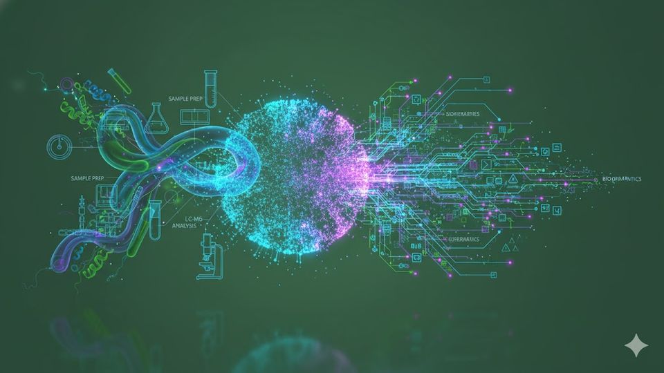Abstract proteomics workflow visualization: sample prep to data analysis. SEO Description: A vibrant, abstract digital illustration depicting the full proteomics workflow, from initial sample preparation and LC-MS analysis to advanced bioinformatics and data interpretation. Ideal for scientific publications and educational content.