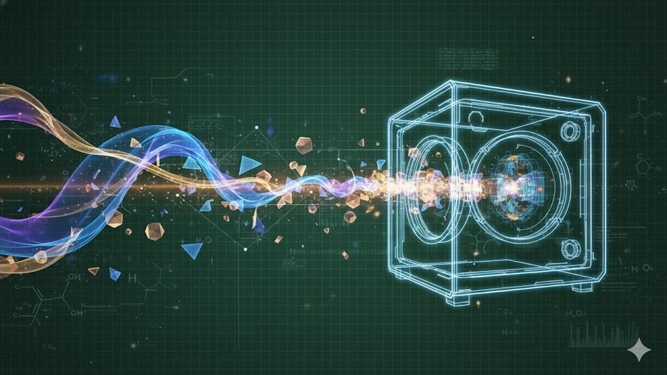 Abstract visualization of bottom-up proteomics, showing proteins fragmenting into peptides within a mass spectrometer.