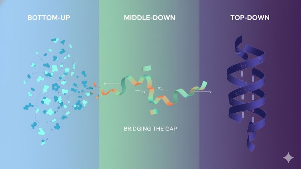 Abstract scientific visualization illustrating middle-down proteomics bridging the gap.