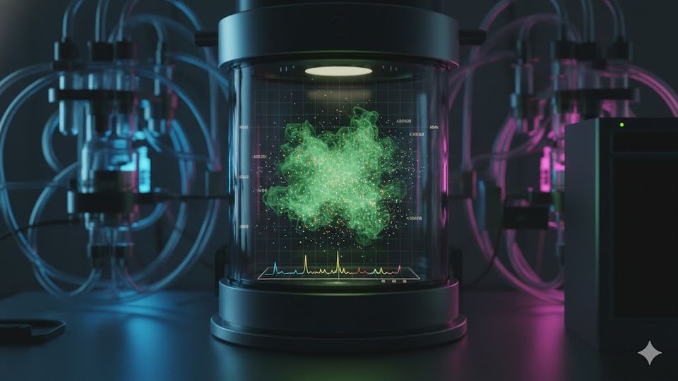 High-resolution mass spectrometer visualizing complex proteomics data transformation.