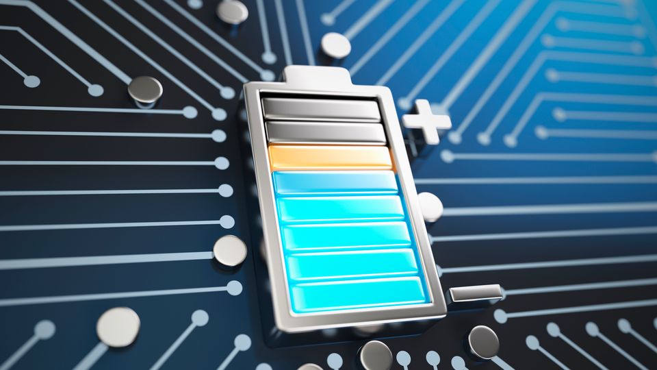 A digital render of a battery outline with blue charge bars being charged, with metallic connectors reaching out to the battery.