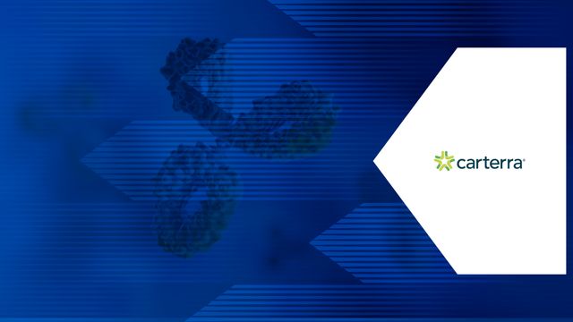 Abstract blue background with molecular structures symbolizing antibody research and innovation. 