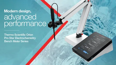 Benchtop pH meter with electrode arm and digital display demonstrating master accuracy in pH measurement for laboratory use.