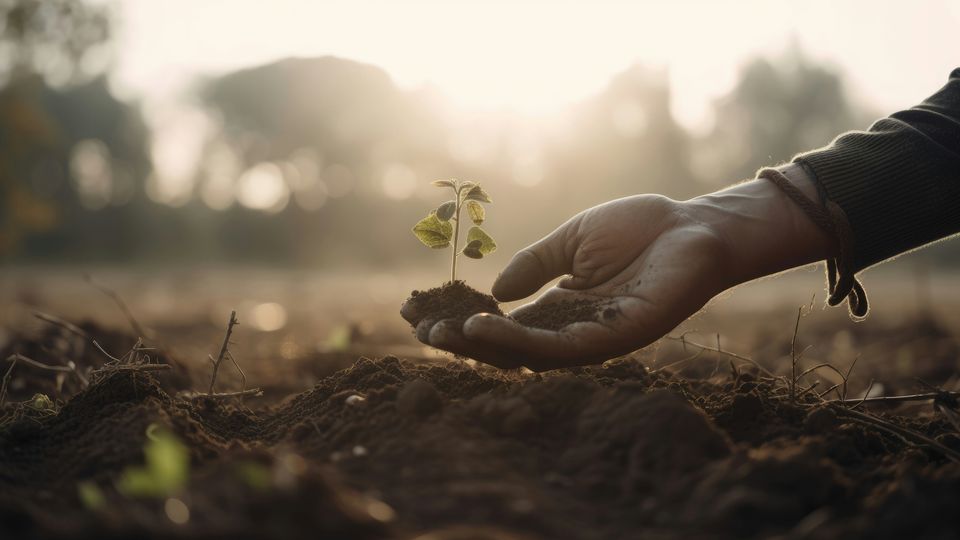 A person's hand hovering over a soil field. In their hand, they hold a small amount of soil with a seedling sprouting from it.