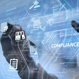 Digital interface with icons for policies, regulations and law highlighting data compliance concepts. 