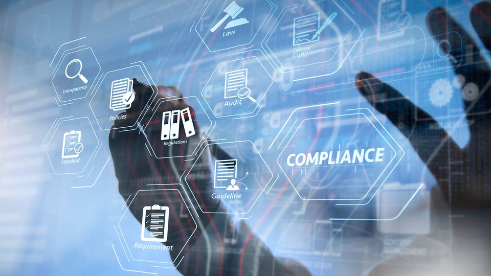 Digital interface with icons for policies, regulations and law highlighting data compliance concepts.