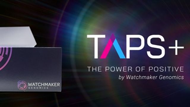 Watchmaker Genomics TAPS+ packaging with tagline 'The Power of Positive,' for next-gen methylation oncology research. 