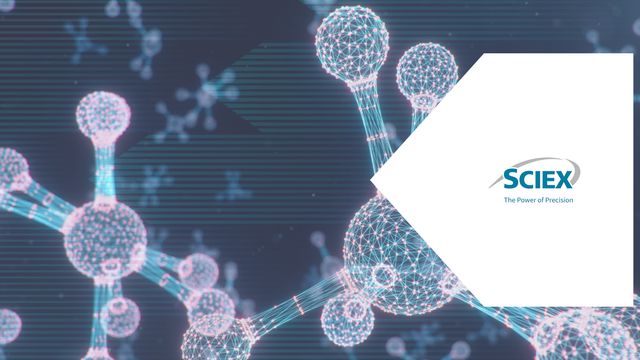 Illustration of molecules used in analysis workflows with SCIEX logo. 