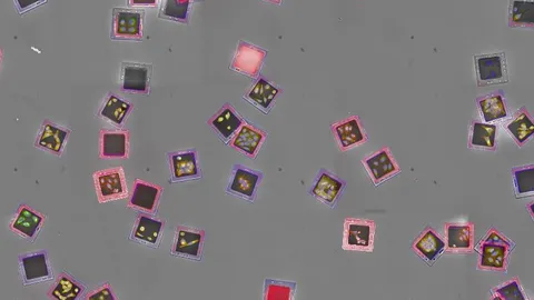 Fluorescently barcoded cells under microscopy showing multiplexed optical patterns.