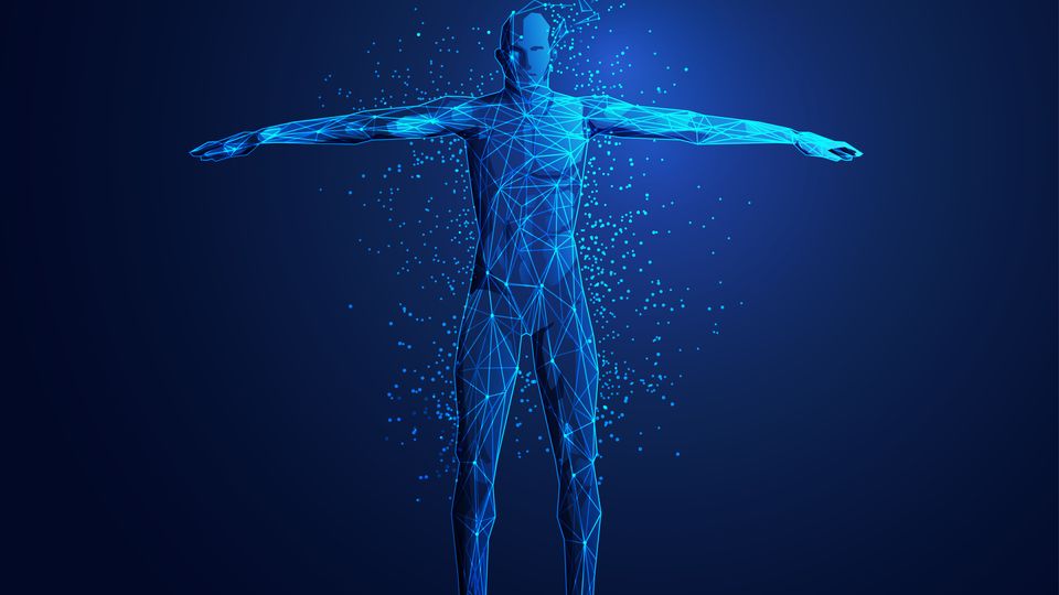 Digital human figure made of glowing blue networks symbolizing omics data integration in biology.