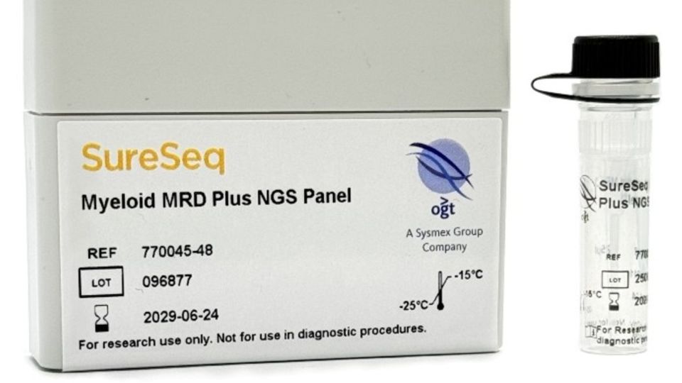 OGT SureSeq Myeloid MRD Plus NGS Panel kit with storage box and reagent tube used for ultra-sensitive MRD detection in AML.