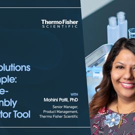 Dr. Mohini Patil smiling next to the title of her presentation "Tailored Solutions Made Simple: New Single-Use Assembly Configurator Tool." 