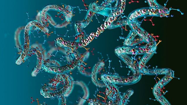 Colorful 3D molecular chains illustrating protein structures, representing innovations in standardized proteomics sample preparation. 