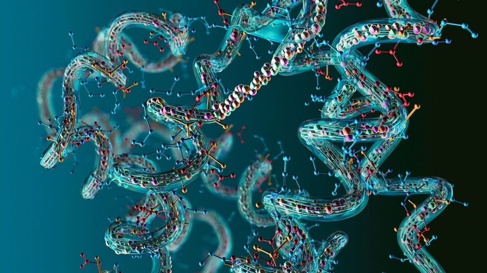 Colorful 3D molecular chains illustrating protein structures, representing innovations in standardized proteomics sample preparation.
