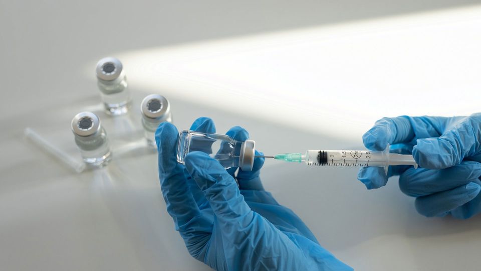 Individual wearing blue gloves drawing up vaccine from vial using needle and syringe.