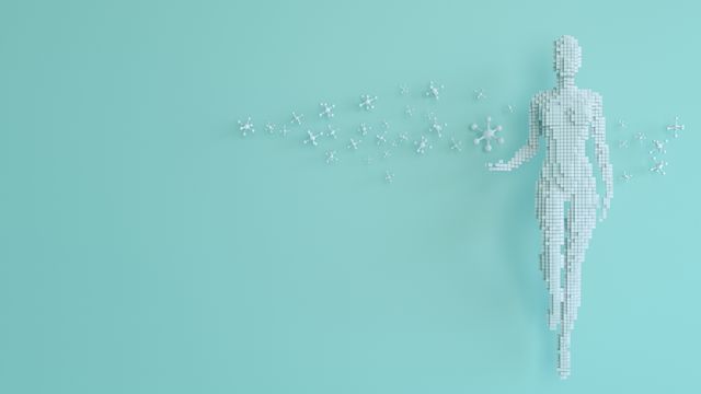 Digital human figure composed of blocks and molecules representing metabolomics in systems biology. 