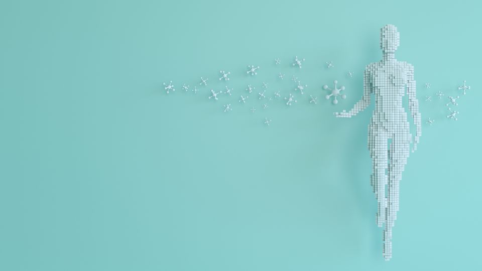 Digital human figure composed of blocks and molecules representing metabolomics in systems biology.