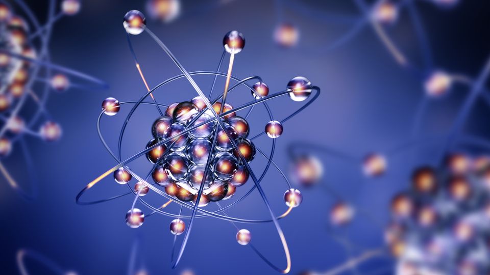 3D illustration of an atom structure used to visualize atomic analysis in X-ray spectroscopy.