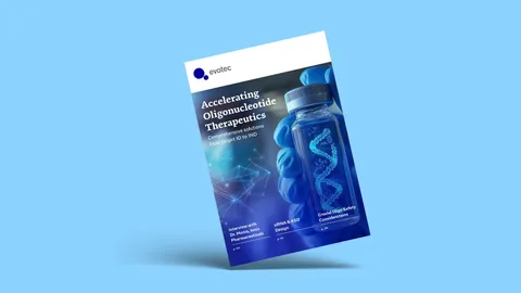 The cover of the Accelerating Oligonucleotide Therapeutics ebook on a blue background 