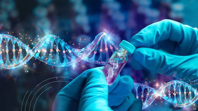 Gloved hands holding a vial with a depiction of DNA strands inside and on the background. 