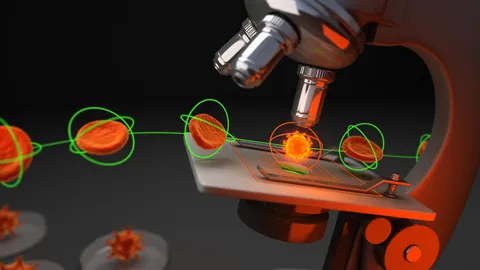 Microscope examining glowing cells to illustrate live-cell analysis in drug discovery.
