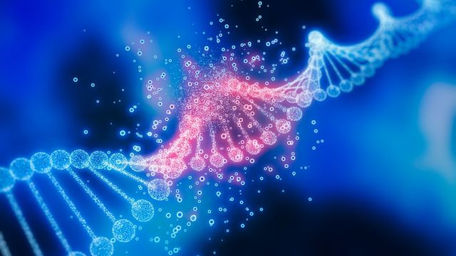 Abstract DNA strand illustration highlighting advanced multiomic sequencing that profiles 5mC, 5hmC and full genomic data from one sample. 