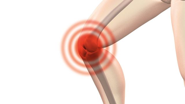 Illustration of a human knee bending. The knee joint has red circles around it, representing pain.  